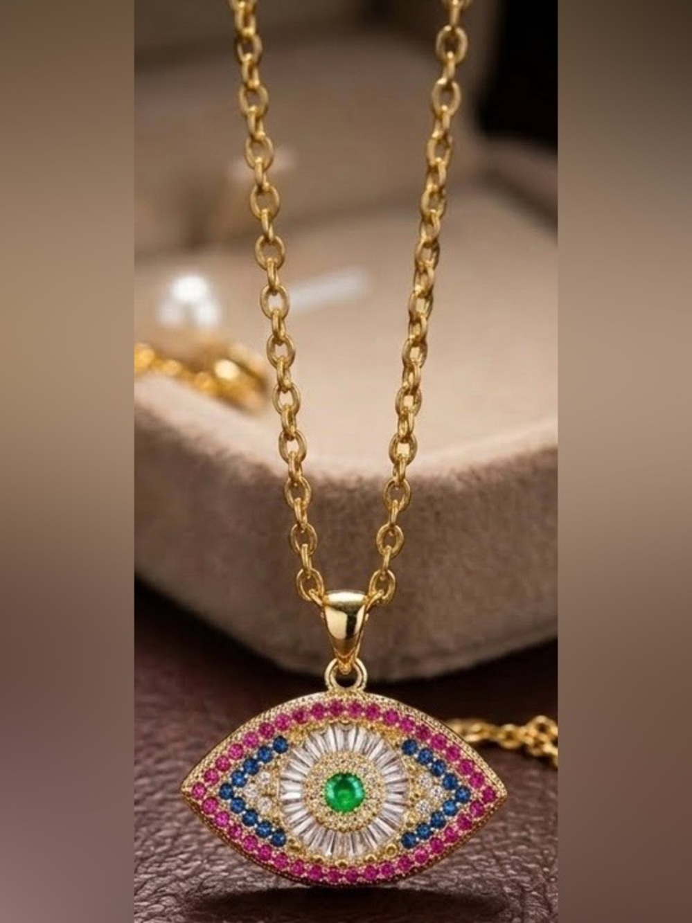 Adina Eden Gold-Plated Evil Eye Pendant Necklace W/Pink, Blue & Green CZ Stones